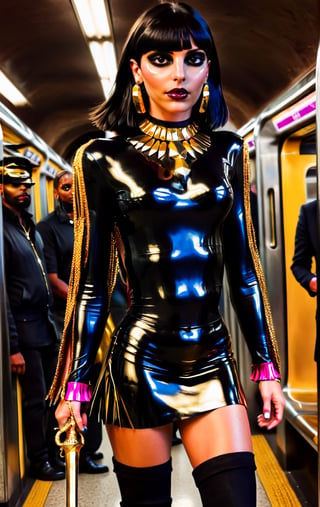 sologirl, masterpiece, a thin egyptian godess walking in an crowded subway station, 16 yo, ((very skinny body)), perfect body, perfect face, perfect boobs, 4K, hdr, volumetric lighting, ((full body shot)), facing viewer, shy smile, photo, over the knee boots, bimbo makeup, high heels, bob haircut, long hair, black hair, fringe, a lots of gold jewels, earings, bangles, armbands, gold chains, gold arm bracelets, gold cuffs, black and gold leather crop top,  black and gold leather miniskirt, showing belly, Obsidian_Gold, ((((full lenght portrait)))), dark lipstick, bright eyes, holding a whip and a gold scepter, Obsidian_Gold, vaporwave style