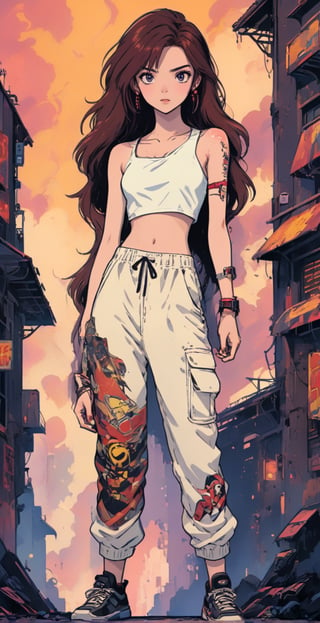 (full body shot), A serene scene of a skinny teenager in a white sweatpant, withe one shoulder tank top, showing belly, tatoos, set against the vibrant place of a cyberpunk village, cleavage, high heels, freckles, red lipstick, showing belly, long wavy brown hair, anime style,VintageMagStyle