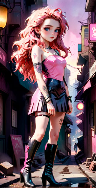 (full body shot), A serene scene unfolds as a 16-year-old girl, donning a pink miniskirt and one-shoulder tank top, walks through the vibrant merchant street of a cyberpunk village. The setting sun casts a warm glow, highlighting her freckles, red lipstick, and tattoos. Her long, wavy pink hair flows behind her like a river, as she confidently struts in over-the-knee boots and high heels. she has a sarcastic smile. The tight-fitting clothes accentuate her physique, while the anime-style watercolor filter gives the scene a vintage charm. large breast, skinny body, bimbo make-up, (over the knee boots),anime style