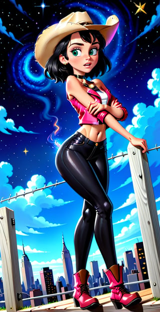 full body shot, best quality, masterpiece, (front view:1.4), (facing viewer:1.4), 1girl, 12yo, perfect body, (perfect face:1.4), watching viewer, choker, skinny body, bob haircut, (black hair with white streak),
leaning her back on a fence on the top of the highest skyscrapper of manhattan, ((elbows on the fence:1.4)), sexy pose, at night, detailled background, starry night, sky full of stars,
she is wearing very tights clothes: a pink cowboy hat with sparkles, (pink stetson hat), (red leather jacket), tank top, (tight ripped denim short), fishnets leggings, santiags cowboy boots, diamonds, jewels, sparkles, glamourous atmosphere, bimbo makeup, perfect makeup, shy smile
red lipstick, smoking a big cigar,skinny,bimbo,BimboMakeup,cowgirl,score_9, score_8_up, britneybimbo, ,anime style,disney pixar style