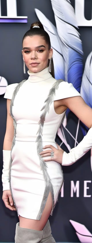 HaileeSteinfeld, ((full body shot)), perfect face, perfect body, ((white minidress with turtleneck and no sleeves, silver feathers details)), (grey over the knee suede boots), high heels, ((ponytail)), one hand on the hip,eyes half closed, pink lipstick, posing for the camera at the premiere