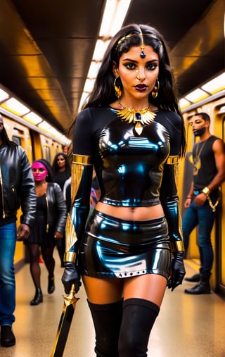 sologirl, ultrarealistic, masterpiece, a thin egyptian godess walking in an crowded subway station, 16 yo, ((very skinny body)), perfect body, perfect face, perfect boobs, 4K, hdr, volumetric lighting, ((full body shot)), facing viewer, shy smile, photo, over the knee boots, bimbo makeup, high heels, bob haircut, long hair, black hair, fringe, a lots of gold jewels, earings, bangles, armbands, gold chains, gold arm bracelets, gold cuffs, black and gold leather crop top,  black and gold leather miniskirt, showing belly, Obsidian_Gold, ((((full lenght portrait)))), dark lipstick, bright eyes, holding a whip and a gold scepter,Obsidian_Gold,vaporwave style