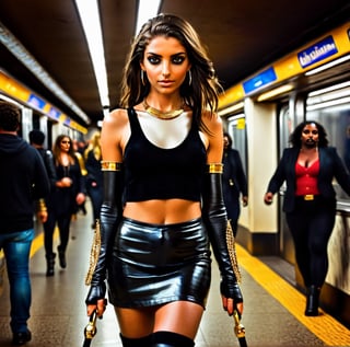 sologirl, masterpiece, a thin egyptian godess walking in an crowded subway station, 16 yo, ((very skinny body)), perfect body, perfect face, 4K, hdr, volumetric lighting, ((full body shot)), facing viewer, shy smile, photo, over the knee boots, bimbo makeup, high heels, bob haircut, long hair, black hair, fringe, a lots of gold jewels, earings, bangles, armbands, gold chains, gold arm bracelets, gold cuffs, black and gold leather crop top,  black and gold leather miniskirt, showing belly, Obsidian_Gold, ((((full lenght portrait)))), dark lipstick, bright eyes, holding a whip and a gold scepter,Obsidian_Gold