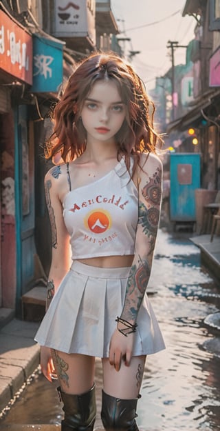 A serene scene unfolds as a 14-year-old girl, donning a white miniskirt and one-shoulder tank top, walks through the vibrant merchant street of a cyberpunk village. The setting sun casts a warm glow, highlighting her freckles, red lipstick, and tattoos. Her long, wavy brown hair flows behind her like a river, as she confidently struts in over-the-knee boots and high heels. The tight-fitting clothes accentuate her physique, while the anime-style watercolor filter gives the scene a vintage charm. large breast, skinny body, bimbo make-up