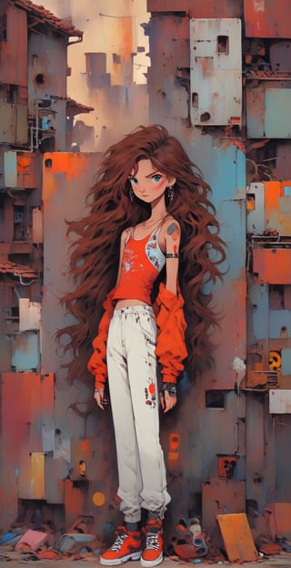 (full body shot), A serene scene of a skinny teenager in a white sweatpant, withe one shoulder tank top, showing belly, tatoos, set against the vibrant place of a cyberpunk village, cleavage, high heels, freckles, red lipstick, showing belly, long wavy brown hair, anime style,VintageMagStyle