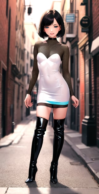 Full body shot, extra realistic, photography, 4k, 1girl, 12yo, caucasian, perfect body, perfect face, skinny body, beautiful face, bob haircut, black hair, mesh see-through minidress, high heels over the knee boots, in a fancy street, detailed background, shy smile, red lipstick