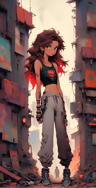 (full body shot), A serene scene of a skinny teenager in a white sweatpant, withe one shoulder tank top, showing belly, tatoos, set against the vibrant place of a cyberpunk village, cleavage, high heels, freckles, red lipstick, showing belly, long wavy brown hair, anime style,VintageMagStyle