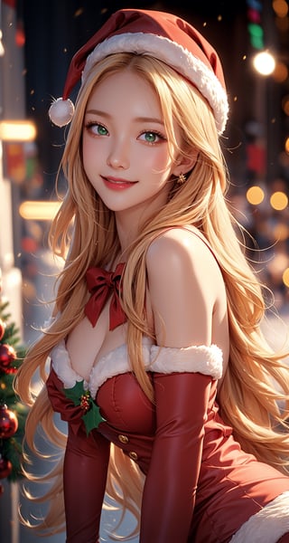 ((masterpiece, best quality, ultra-detailed, very fine 8KCG wallpapers)), 1girl, solo, kawaii, smile, medium breasts, blonde hair, long hair, green eyes, santa, red beret, red bow ribbon, red gloves, red dress, red boots, santa girl costume, christmas, holy night, christmas decorations, christmas night, nice hands, perfect hands,Sex_facing_viewer,,front view,more detail ,1 girl