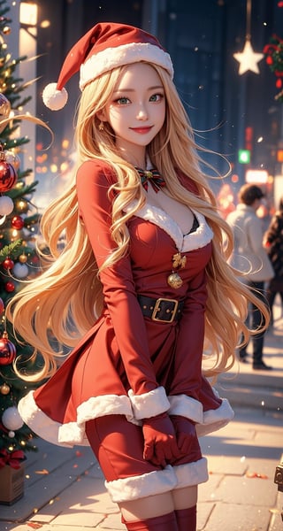 ((masterpiece, best quality, ultra-detailed, very fine 8KCG wallpapers)), 1girl, solo, kawaii, smile, medium breasts, blonde hair, long hair, green eyes, santa, red beret, red bow ribbon, red gloves, red dress, red boots, santa girl costume, christmas, holy night, christmas decorations, christmas night, nice hands, perfect hands,Sex_facing_viewer,,front view,more detail ,1 girl