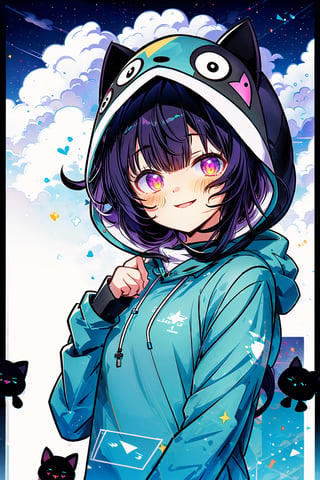 (masterpiece, best quality, highres:1.3), ultra resolution image, (1girl), (solo), kawaii, accessories, black hair, (black kitty hoodie:1.5), cat themed, ears on hood, unique, (cute background:1.5), pastel shades, fluffy clouds, (relaxed atmosphere:1.3), soft, minimalistic style, (focus on character:1.4), adorable, dreamy, cat tower, magical, colorful, smile, happy,background full black,darkside,glitter