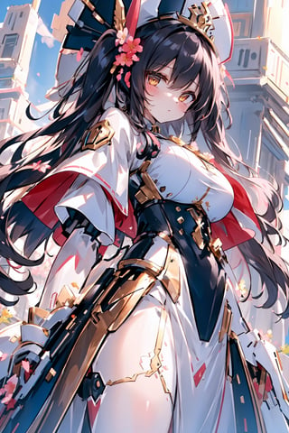 (panorama, wide shot), best quality, masterpiece, extremely detailed, detailed background, (from below:1.2), 1girl, solo, black hair,looking at viewer, red shirts, long hair, wavy hair, on side, fluffy hair, french , (white hat), capelet, lace trim, bodice, blue sky, sunshine,long dress, ,sunny,scenery, grassland, high place, horizon, flowers, birds, wind, wind blow, (depth of field), bokeh,(twintails),mecha