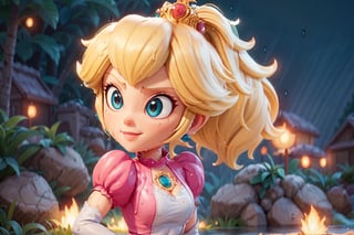 , hot_blonde_woman, (((cleavage))), (((pixar_style))), (((sixpack-abs))), Princess Peach, ponytail, hair tie, blue gloves, purple bodysuit, high heels, a aly_expression,smirking, casting_fire_magic, outside, dark_forest, nighttime, (((futuristic))), (heavy_rain), ((dripping_wet))

action_pose, , hd, masterpiece, intricate_detail, complex_backgroud, shallow_depth_of_field, lensflare