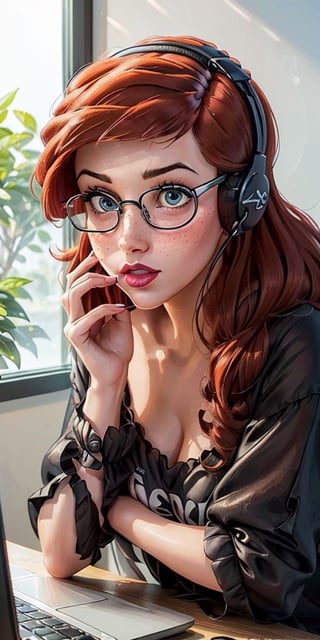 (masterpiece,best quality,extremely detailed),picture perfect face,blush,freckles,(sssniperwolf),nerdy,beautiful,cute,hot,sexy,lewd,makeup,long defined eyelashes,(dark hair),curly,cut bangs,((wide lips,puckered mouth)),((heavy square glasses)),computer chair,streaming,headphones,underwear,