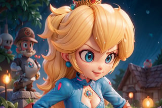 , hot_blonde_woman, (((cleavage))), (((pixar_style))), (((sixpack-abs))), Princess Peach, ponytail, hair tie, blue gloves, purple bodysuit, high heels, a aly_expression,smirking, casting_fire_magic, outside, dark_forest, nighttime, (((futuristic))), (heavy_rain), ((dripping_wet))

action_pose, , hd, masterpiece, intricate_detail, complex_backgroud, shallow_depth_of_field, lensflare