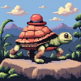 ((Turtle wearing a hat on the head)), turtle's red eyes, limbs crawling forward, (full body), (side full body picture), sky blue background, (Pixel art:1.5), pixel style,pixelstyle,