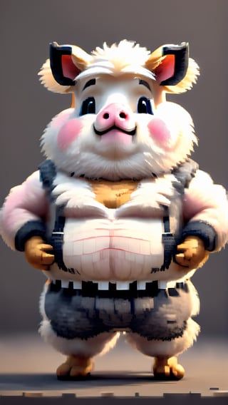 (a white-striped pig, anthropomorphic figure), weighing 100kg, (hair is a braid, the braid is draped across the chest), (wearing a suit, the figure), (standing on two legs), commanding with both hands forward, smiling towards the camera,pixel style