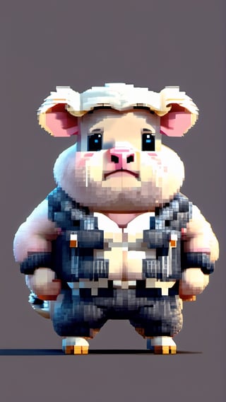 (a white-striped pig, anthropomorphic figure), weighing 100kg, (hair is a braid, the braid is draped across the chest), (wearing a suit, the figure), (standing on two legs), commanding with both hands forward, smiling towards the camera,pixel style