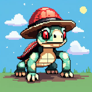 Turtle wearing a hat on the head, turtle's red eyes, limbs crawling forward, (full body), (side full body picture), sky blue background, (Pixel art:1.5), pixel style,pixelstyle,