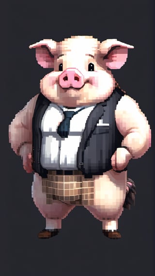 (a white-striped pig, anthropomorphic figure), weighing 100kg, (hair is a braid, the braid is draped across the chest), (wearing a suit, the figure), (standing on two legs), commanding with both hands forward, smiling towards the camera,pixel style