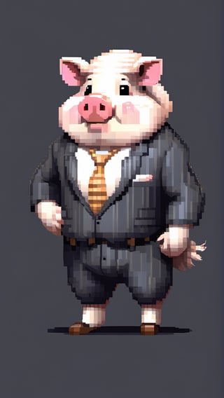 (a white-striped pig, anthropomorphic figure), weighing 100kg, (hair is a braid, the braid is draped across the chest), (wearing a suit, the figure), (standing on two legs), commanding with both hands forward, smiling towards the camera,pixel style