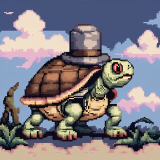 ((Turtle wearing a hat on the head)), turtle's red eyes, limbs crawling forward, (full body), (side full body picture), sky blue background, (Pixel art:1.5), pixel style,pixelstyle,