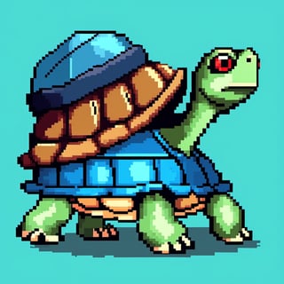 ((Turtle wearing a hat on the head:1.5)), turtle's red eyes, limbs crawling forward, (full body), (side full body picture), sky blue background, (Pixel art:1.5), pixel style,pixelstyle,