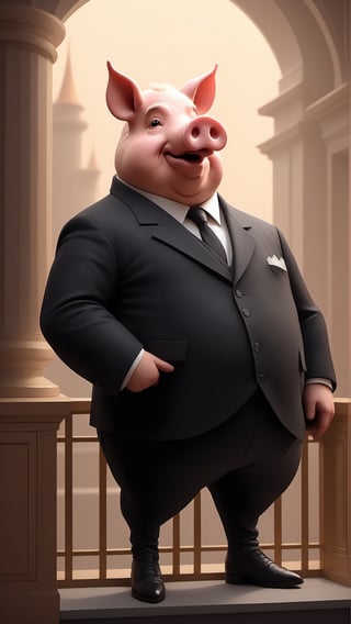 A political dictator, an arms dealer, (a pig with Chinese characteristics, (revolver in hand:1.5)), (Revolver), ((Pig President)), (Pig President), (Pig Man), fat figure, masterpiece, super detail, (animal anthropomorphic)), gangster theme, smoking, black suit, Father style, smiling at the camera, looking at the audience, standing on the balcony, Solid color background, super clear, super facial detail, intricate, fat, whole body, height :1.1, (castle :1.3),((pixel style:1.3)),fat