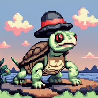 Turtle wearing a hat on the head, turtle's red eyes, limbs crawling forward, (full body), (side full body picture), sky blue background, (Pixel art:1.5), pixel style,pixelstyle,
