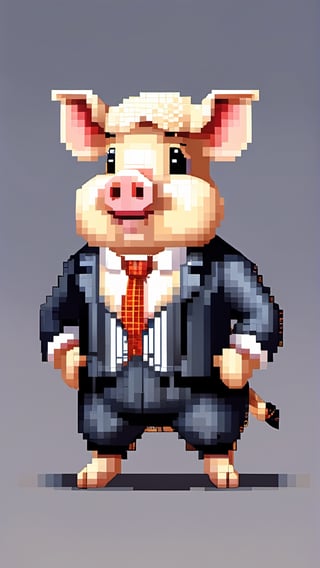 (a white-striped pig, anthropomorphic figure), weighing 100kg, (hair is a braid, the braid is draped across the chest), ((wearing a suit, the figure)), (standing on two legs), commanding with both hands forward, smiling towards the camera,pixel style