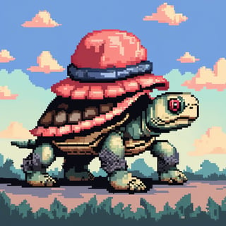 ((Turtle wearing a hat on the head:1.5)), turtle's red eyes, limbs crawling forward, (full body), (side full body picture), sky blue background, (Pixel art:1.5), pixel style,pixelstyle,