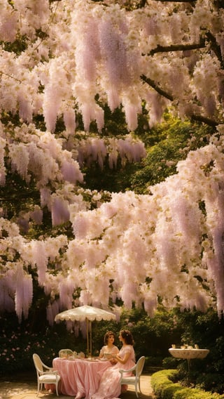 A hidden tea garden unfolds beneath a canopy of cascading wisteria, their fragrant blooms draping over vintage teacups. Ladies in pastel gowns sip with delicate grace, their secrets carried on the wind. Enchanting, nostalgic, high resolution.ViNtAgE,photorealistic,Masterpiece