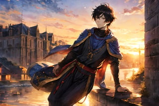 masterpiece, best quality, high resolution, highly detailed,  1boy, full body, centered, detailed background, cinematic lighting, backlighting,  sunset, medieval,  yuno,Highy detailed face ,watercolor