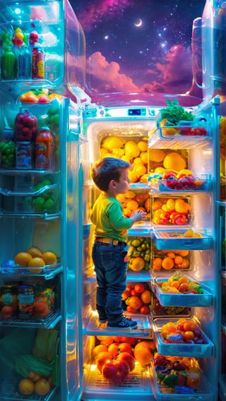 highly detailed, In the cool, dimly lit depths of a household refrigerator, a young boy lies fast asleep, his body curled amidst the neatly arranged shelves and compartments. As the gentle hum of the refrigerator's compressor lulls him into a deeper slumber, the boy's mind embarks on a journey of self-discovery, exploring the hidden corners of his subconscious.

The refrigerator, once a mundane appliance for storing food, transforms into a portal to a realm of dreams, its walls dissolving to reveal a vast, interconnected landscape of the boy's inner world. The shelves, once filled with groceries, now become platforms upon which the boy's memories and emotions take shape, each item representing a fragment of his past experiences, his hopes, and his fears.

As the boy navigates this labyrinth of his inner self, he encounters a whimsical cast of characters – personified versions of his own emotions, desires, and fears. A mischievous sprite embodies his playful spirit, while a wise old owl represents his burgeoning intellect. A towering giant represents his insecurities, while a fleeting shadow symbolizes his hidden fears.

Through interactions with these personified aspects of his personality, the boy begins to understand the intricate workings of his own mind. He learns to confront his fears, embrace his strengths, and appreciate the complexities of his emotions. The refrigerator, once a symbol of cold storage, becomes a warm and inviting space for self-reflection, where the boy can explore the depths of his being in a safe and nurturing environment.

As the boy's self-exploration deepens, the refrigerator's interior transforms into a vibrant playground of imagination. The shelves become bridges across a boundless sea of dreams, while the compartments morph into cozy hideaways where the boy can seek solace and inspiration. The refrigerator's hum, once a monotonous background noise, now evolves into a harmonious symphony, accompanying the boy's journey of self-discovery.

In this dreamlike state of self-exploration, the boy discovers a hidden treasure within himself – a wellspring of creativity, empathy, and resilience. He realizes that the power to shape his reality lies within his own mind, and that the refrigerator, once a mere appliance, has become a catalyst for his personal growth.

As dawn breaks and the boy awakens from his slumber, the echoes of his dream still linger in his mind. He emerges from the refrigerator with a newfound sense of self-awareness, ready to embrace the challenges and opportunities that lie ahead. The refrigerator, once a symbol of domesticity, now holds a touch of magic, a reminder of the limitless potential that lies within the depths of his own being, foggy and dreamy, clouds,detailmaster2,cinematic  detailed facem detailed hans, photo r3al,xxmixgirl,photo r3al,aw0k euphoric style
