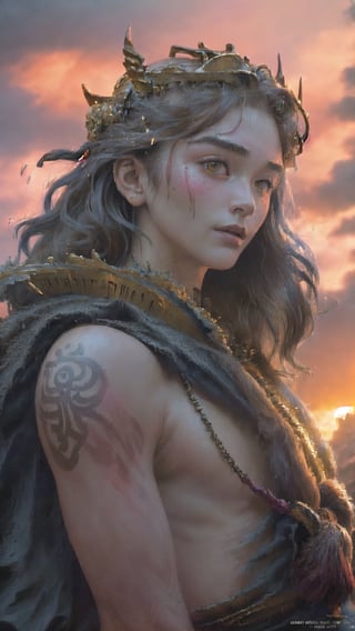  short messy hair, (viking:1.1,woman:1.1,tattoo on her face:1.1,fantasy,cinematic,portraits:1.2,dynamic:1.1,hyper realistic:1.2),medium:oil painting,ancient battlefield background,dramatic lighting,fiery sunset,warrior armor and weapons,fierce expression,flowing hair,expressive eyes,elaborate headpiece,ornate armor,weathered textures,thick brushstrokes,bold colors,high contrast,detailed skin texture,sculpted muscles,gritty atmosphere,moody atmosphere,flower_core