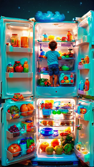 highly detailed, In the cool, dimly lit depths of a household refrigerator, a young boy lies fast asleep, his body curled amidst the neatly arranged shelves and compartments. As the gentle hum of the refrigerator's compressor lulls him into a deeper slumber, the boy's mind embarks on a journey of self-discovery, exploring the hidden corners of his subconscious.

The refrigerator, once a mundane appliance for storing food, transforms into a portal to a realm of dreams, its walls dissolving to reveal a vast, interconnected landscape of the boy's inner world. The shelves, once filled with groceries, now become platforms upon which the boy's memories and emotions take shape, each item representing a fragment of his past experiences, his hopes, and his fears.

As the boy navigates this labyrinth of his inner self, he encounters a whimsical cast of characters – personified versions of his own emotions, desires, and fears. A mischievous sprite embodies his playful spirit, while a wise old owl represents his burgeoning intellect. A towering giant represents his insecurities, while a fleeting shadow symbolizes his hidden fears.

Through interactions with these personified aspects of his personality, the boy begins to understand the intricate workings of his own mind. He learns to confront his fears, embrace his strengths, and appreciate the complexities of his emotions. The refrigerator, once a symbol of cold storage, becomes a warm and inviting space for self-reflection, where the boy can explore the depths of his being in a safe and nurturing environment.

As the boy's self-exploration deepens, the refrigerator's interior transforms into a vibrant playground of imagination. The shelves become bridges across a boundless sea of dreams, while the compartments morph into cozy hideaways where the boy can seek solace and inspiration. The refrigerator's hum, once a monotonous background noise, now evolves into a harmonious symphony, accompanying the boy's journey of self-discovery.

In this dreamlike state of self-exploration, the boy discovers a hidden treasure within himself – a wellspring of creativity, empathy, and resilience. He realizes that the power to shape his reality lies within his own mind, and that the refrigerator, once a mere appliance, has become a catalyst for his personal growth.

As dawn breaks and the boy awakens from his slumber, the echoes of his dream still linger in his mind. He emerges from the refrigerator with a newfound sense of self-awareness, ready to embrace the challenges and opportunities that lie ahead. The refrigerator, once a symbol of domesticity, now holds a touch of magic, a reminder of the limitless potential that lies within the depths of his own being, foggy and dreamy, clouds,detailmaster2,cinematic  detailed facem detailed hans, photo r3al,xxmixgirl,photo r3al,aw0k euphoric style