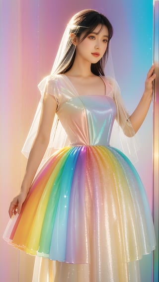 French woman wearing a garment made entirely of iridescent soap bubbles, radiating rainbow-colored reflections,dress that gracefully captures the light, displaying a spectrum of colors as if adorned with shimmering bubbles,Emphasize the ethereal and enchanting quality of the Transparent outfit, stunning and sophisticated ensemble,sparkling soap bubbles Clothes,miyo,Glass Elements