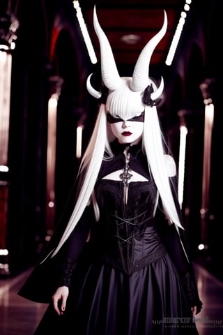 albino demon little queen, (long intricate horns), a sister clad in gothic punk attire, her face concealed behind a striking masquerade mask. She exudes an air of mystery and allure as she moves gracefully through the dimly lit corridors of the cathedraragon-themed,white_aesthetics,photorealistic,Masterpiece
