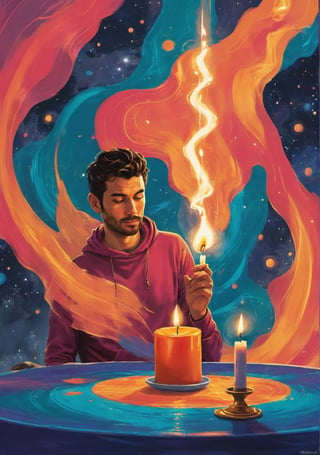a man lit a candle  in the space, concept art, storyboard, pop art, vibrant colors, best quality, more detail XL,more detail XL,detailmaster2,aw0k geometry