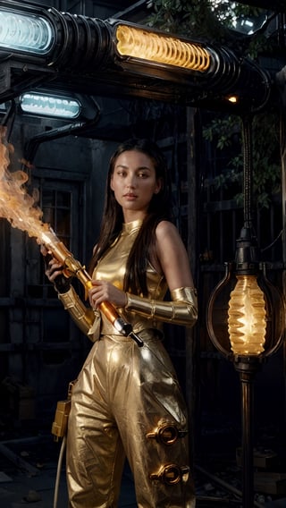 ultra realistic, highly detailed, aesthetic, artistic, a young woman, full body, a young girl, wearing a sleek, futuristic spacesuit with neon orange accents, (carrying a flamethrower including fuel tank, fuel valve, igniter, hose, nozzle, Polished brass body, intricate Art Deco engravings), Gas gauge on side, worn leather trigger. Highlighting the craftsmanship and power within. Light rays catch the surface, emphasizing textures and worn details  confidently wielding a high-tech flamethrower integrated into her right arm gauntlet. The flamethrower emits a vibrant blue flame, illuminating the surrounding alien ruins. The girl's face is partially obscured by a transparent visor, revealing determined eyes and a hint of defiance. The ruins are metallic and imposing, reflecting the dying embers of the flamethrower's blast. The overall style is sci-fi, futuristic, and slightly dark, with a focus on strong composition and lighting. Artstation, cinematic, detailed, high resolution, glamorous, and high-fashion. Vogue, classic, detailed, high resolution,VINTAGE, 