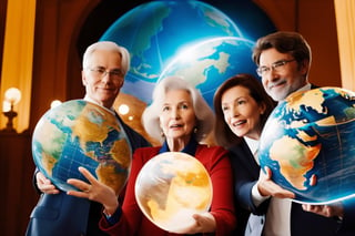 A group of scientists, their faces filled with a mix of excitement and apprehension, gather around a holographic globe. An older woman with a distinguished air and kind eyes gestures towards a specific point on the globe, explaining their groundbreaking discovery. (Cinematic, sci-fi, suspense)