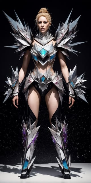 full body, hyper realistic,  1girl,
Trapped in a cage of her own shattered glass, the woman's eyes blaze with defiance. With a powerful burst of energy, she shatters the cage outwards, transforming the shards into a swarm of projectiles that rain down upon her enemies. The remnants of her outfit shimmer around her, forming new blades and armor, a testament to her resilience and unwavering spirit. She stands tall, a warrior reborn from shattered glass, ready to face any challenge
,glass_clothes,photorealistic,Masterpiece,beautiful face