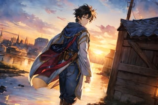 masterpiece, best quality, high resolution, highly detailed,  1boy, full body, centered, detailed background, cinematic lighting, backlighting,  sunset, medieval,  yuno,Highy detailed face ,watercolor