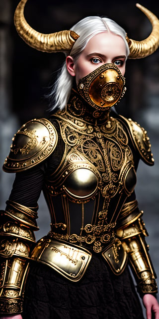 ((full body)), short messy hair, 1 girl, (masterful), blur background, black_hair, albino demon girl,slit pupil eyes,Intricate Iris Details,heterochromia_iridis,(gas mask),(long intricate horns:1.2) ,pure white hair,Wearing Medieval black Knight Armor,Gold carved full plate Armor, best quality, highest quality, extremely detailed CG unity 8k wallpaper, detailed and intricate, ,steampunk style,gold_art,photorealistic,Detailedface