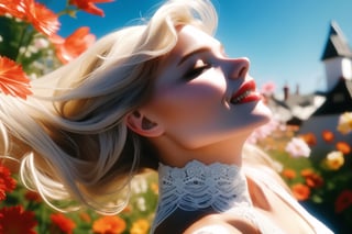 highly detailed,ultra realistic,natural smile,looking up,beautiful young woman, Nordic woman,Rambling and beautiful body,platinum blond shining hair,blue eyes,fractal art clothes,clothes decorated with lace and flowers,gorgeous lace,looking far,beautiful village background