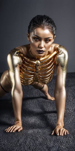 (full body), 1girl, Cyborg assassin girl, mechanical ribcage visible through alabaster skin, deepest black lip gloss, full-body capture, exudes seduction, crawling pose, highly detailed,  crawling pose,
gold_art,photorealistic,Masterpiece