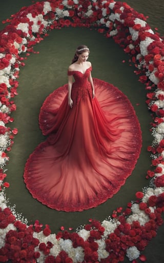1girl, full body, dramatic, ultra realistic, Extreme Wide Shot,aerial perspective,top-down view,grand scale,central subject,woman in red bridal gown,red petals are covered around,intricate crystal floral patterns,ethereal red flower sea backdrop,dreamlike ambiance,vibrant red hues,majestic aura ,detailed embroidery,fantasy setting,(fantasy theme:1.4),opulent design,lavish presentation,surreal beauty,mesmerizing floral expanse,enchanting atmosphere,,incredibly absurdres,realistic
