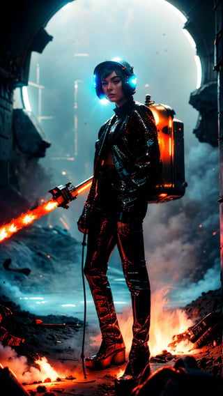 ultra realistic, highly detailed, aesthetic, artistic, a young woman, full body, a young girl, wearing a sleek, futuristic spacesuit with neon orange accents, (carrying a flamethrower including fuel tank, fuel valve, igniter, hose, nozzle, Polished brass body, intricate Art Deco engravings), Gas gauge on side, worn leather trigger. Highlighting the craftsmanship and power within. Light rays catch the surface, emphasizing textures and worn details  confidently wielding a high-tech flamethrower integrated into her right arm gauntlet. The flamethrower emits a vibrant blue flame, illuminating the surrounding alien ruins. The girl's face is partially obscured by a transparent visor, revealing determined eyes and a hint of defiance. The ruins are metallic and imposing, reflecting the dying embers of the flamethrower's blast. The overall style is sci-fi, futuristic, and slightly dark, with a focus on strong composition and lighting. Artstation, cinematic, detailed, high resolution, glamorous, and high-fashion. Vogue, classic, detailed, high resolution,VINTAGE, ,monkren,vintage