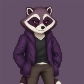 fluffy raccoon with two tone fur bright and dark purple with a jacket no pants and maroon eyes smirk 