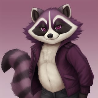 fluffy raccoon with two tone fur bright and dark purple with a jacket and maroon eyes smirk fluffy legs 