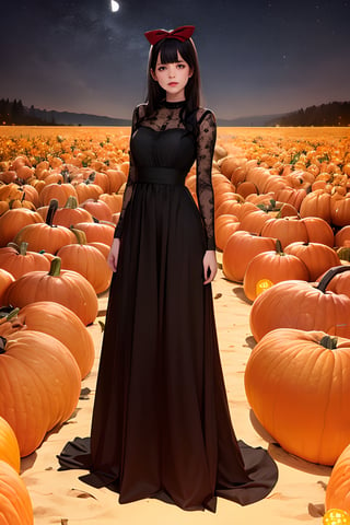 Woman, (black hair with red bow in hair), (black long dress, golden lace), pumpkin garden background, night sky, red moon in sky, full body, (hidden hands), rococo